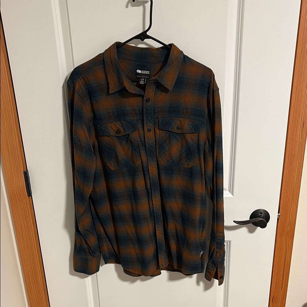 Outdoor Research Teal and Tan Plaid Flannel Shirt